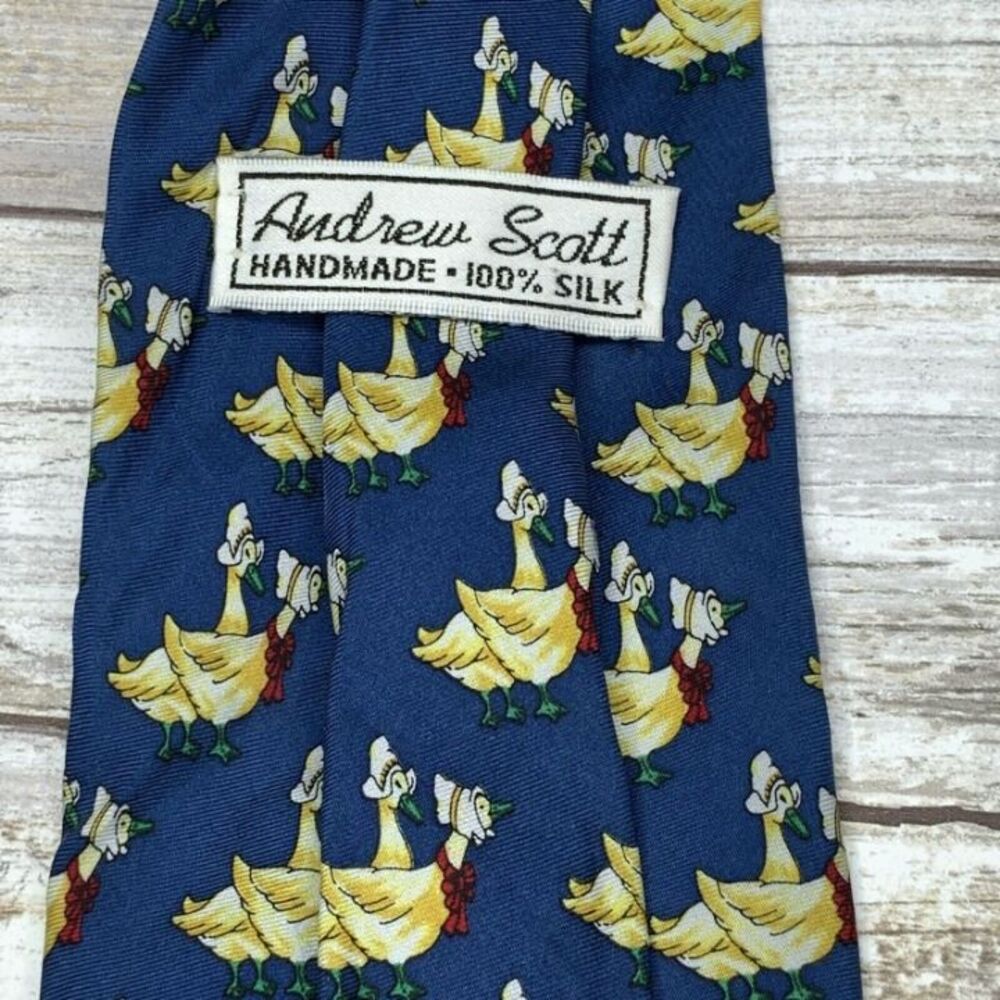 Andrew Scott Handmade Silk Necktie Blue Duck Goose Bird Pattern Vintage Tie blue - Picture 5 of 5